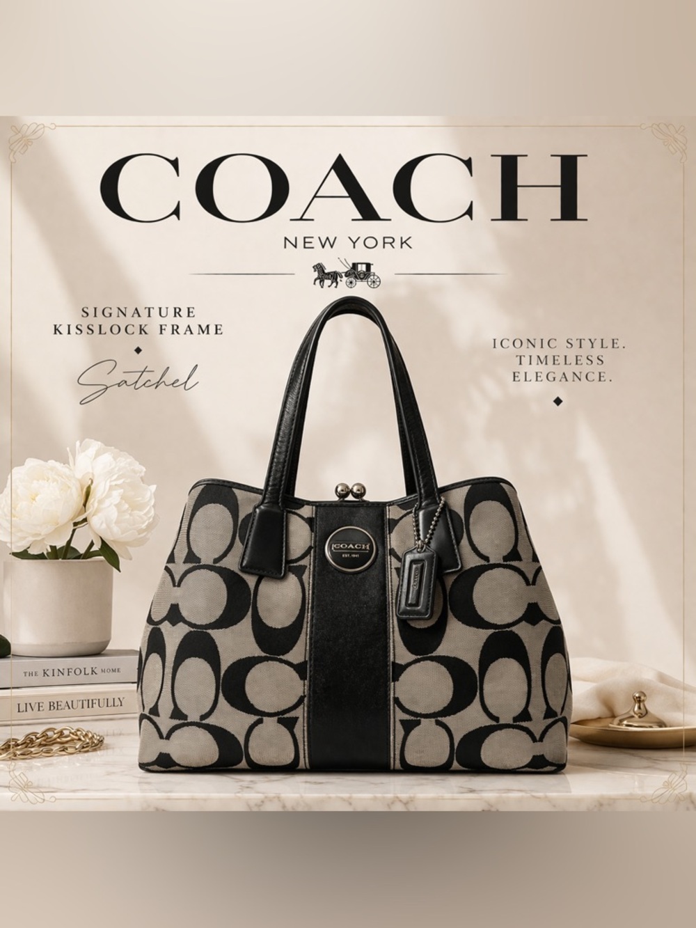 Coach Signature Kisslock Frame Tote Bag‎ Black White Canvas Leather Shoulder Bag